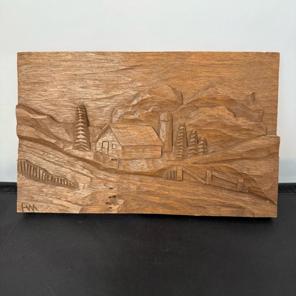Vintage Wooden Hand Carved Plaque Sculpture Cabin mountains trees